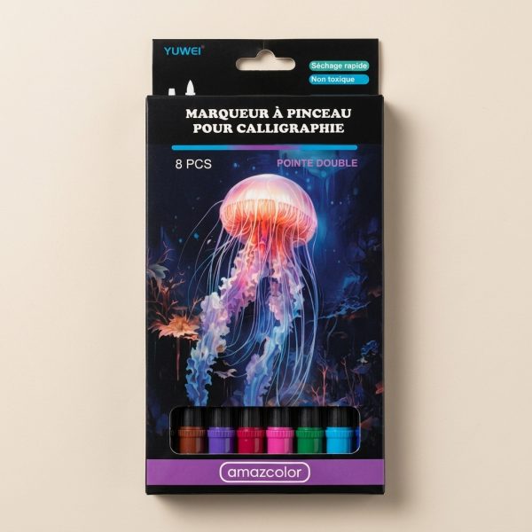Caja original del set de ocho rotuladores de doble punta YUWEI Amazcolor, con ilustración de medusa.