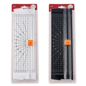 Cizallas de papel A4 en blanco y negro con guía transparente y deslizador naranja