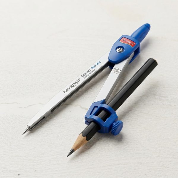 Vista del compás KEYROAD Tec-one azul con el lápiz colocado en el soporte.