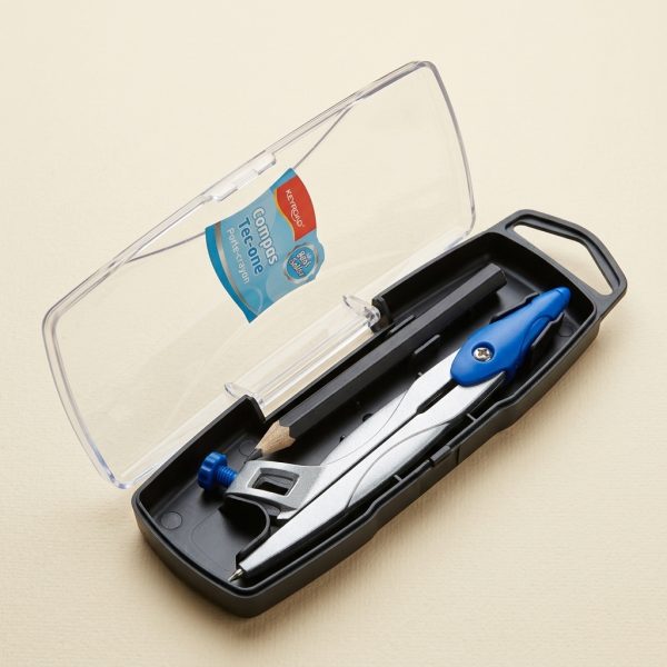 Compás metálico KEYROAD Tec-one azul y lápiz negro dentro del estuche abierto.