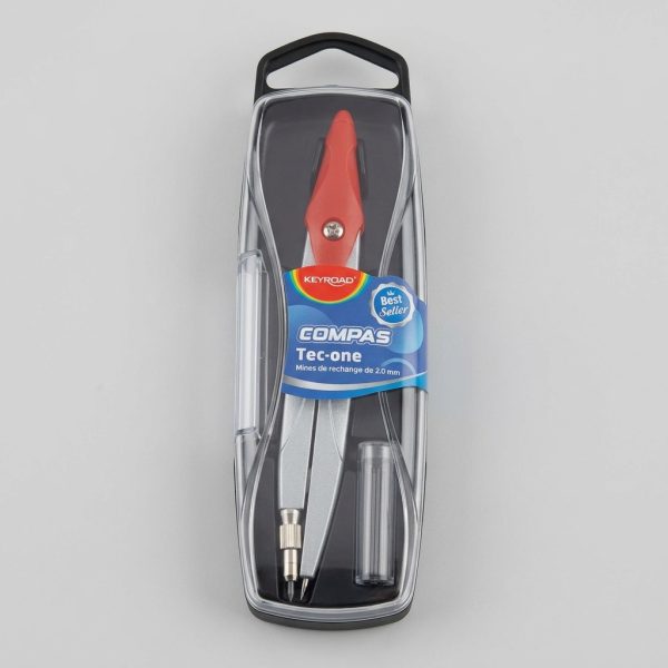 Compás metálico KEYROAD Tec-one rojo con mina de 2 mm en su estuche.