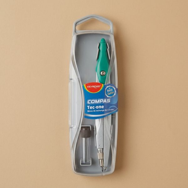 Compás metálico KEYROAD Tec-one verde con mina de 2 mm en su estuche.