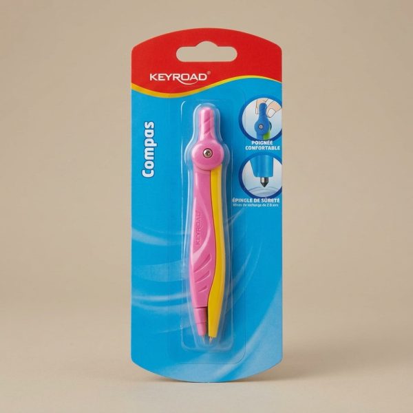 Compás KEYROAD rosa y amarillo presentado en su blíster azul y rojo