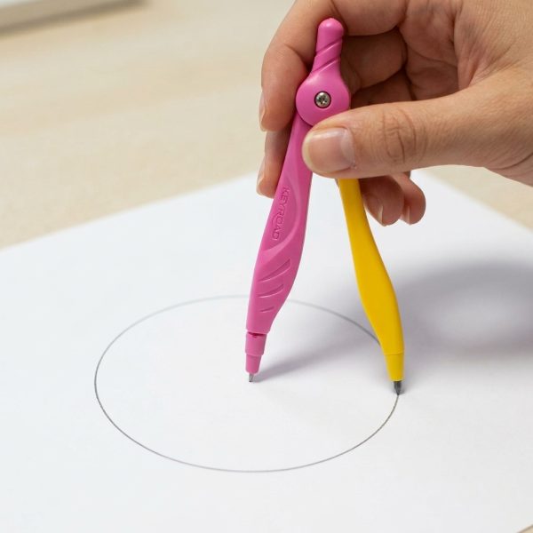 Mano usando un compás KEYROAD rosa y amarillo para dibujar una circunferencia sobre papel