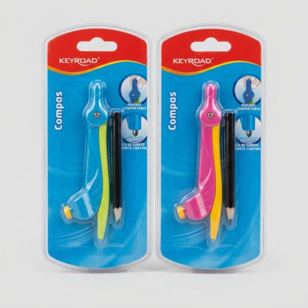 Dos opciones de color del compás escolar KEYROAD con lápiz: azul y verde lima, y rosa y amarillo, cada uno en su blíster individual.