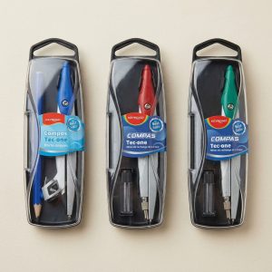 Tres modelos de compás metálico KEYROAD Tec-one en sus estuches: azul con lápiz, rojo y verde con mina.