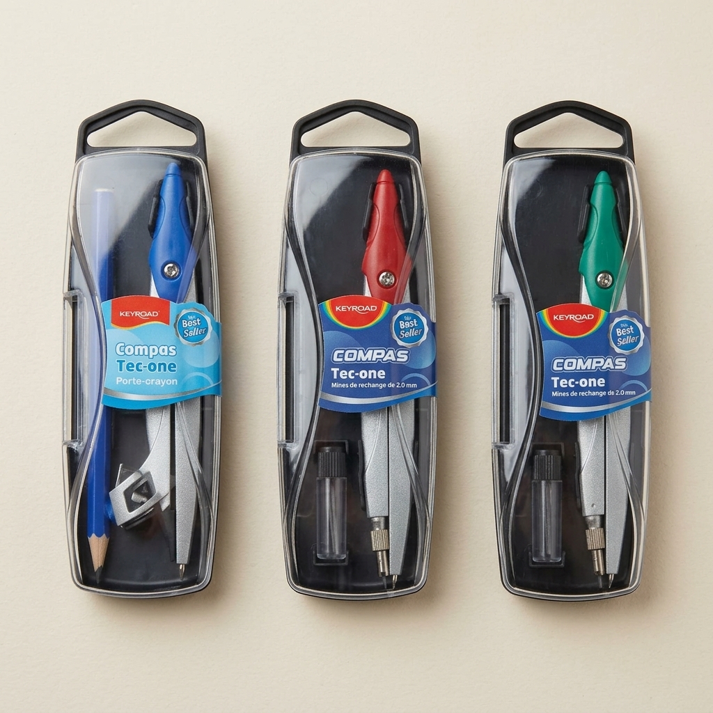 Tres modelos de compás metálico KEYROAD Tec-one en sus estuches: azul con lápiz, rojo y verde con mina.