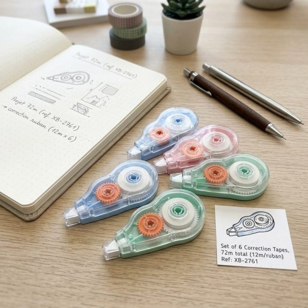 Correctores de cinta en colores pastel junto a un cuaderno y bolígrafos