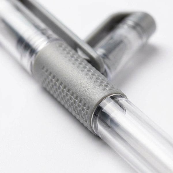 Detalle macro del agarre gris texturizado de un bolígrafo transparente
