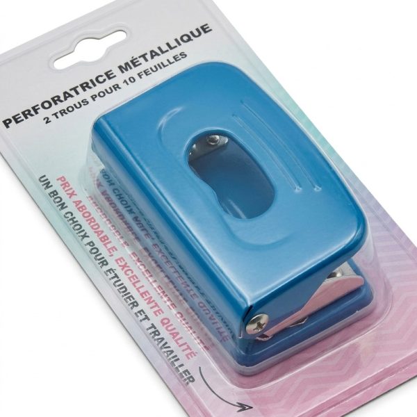 Detalle de la perforadora azul y su envase, que indica dos agujeros y capacidad para diez hojas