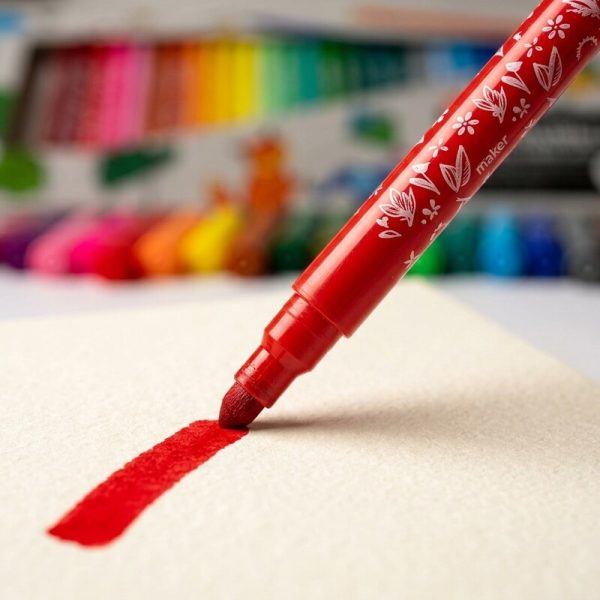 Primer plano de un rotulador Maker rojo trazando una línea sobre papel