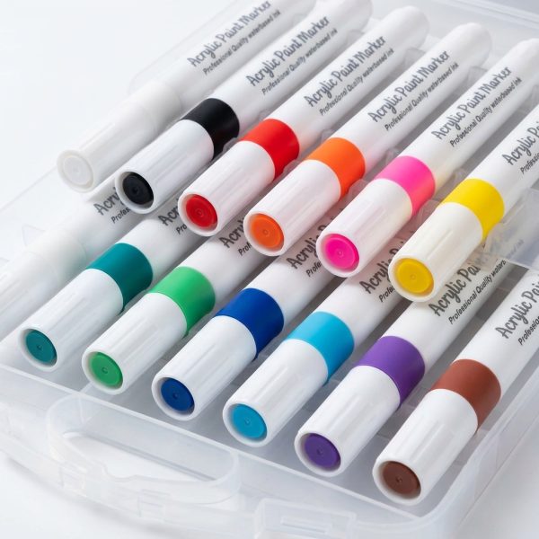 Detalle de los rotuladores acrílicos de cuerpo blanco y sus doce colores