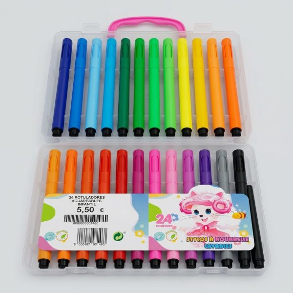Estuche transparente abierto con 24 rotuladores acuarelables de colores