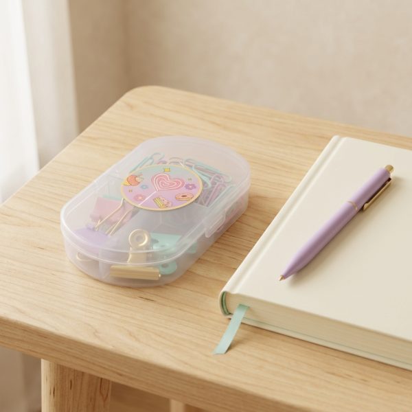 Estuche de clips y pinzas pastel sobre una mesa de madera junto a un cuaderno y un bolígrafo