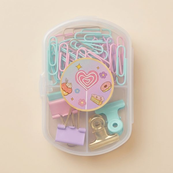 Estuche translúcido con clips y pinzas pastel, detalles dorados y pegatina de piruleta de corazón y dulces