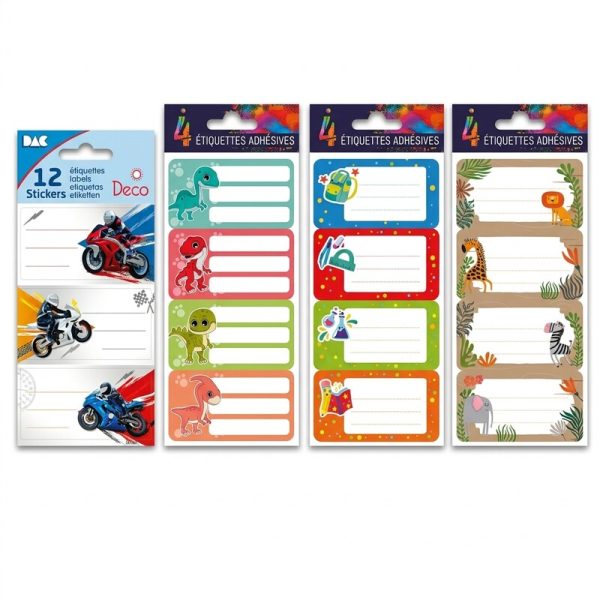 Paquetes de etiquetas escolares de motos, dinosaurios, material escolar y animales de la selva