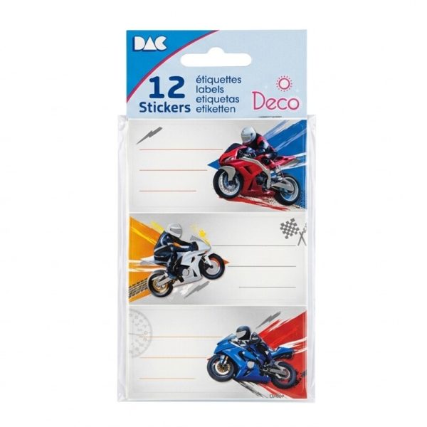 Paquete de 12 etiquetas adhesivas DAC Deco con dibujos de motos y espacio para escribir