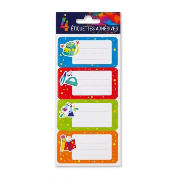 Paquete de 4 etiquetas adhesivas con dibujos de mochila, geometria, ciencia y lapices