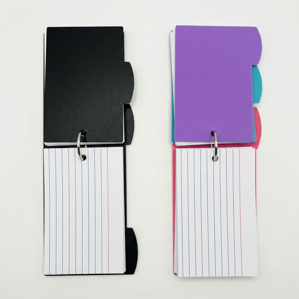 Fichas de estudio con anilla en negro y rosa Fichas de estudio abiertas con anilla y separadores en negro y rosa multicolor
