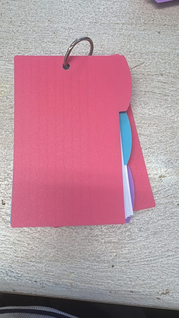 Modelo rosa cerrado con anilla metálica y pestañas turquesa y morada