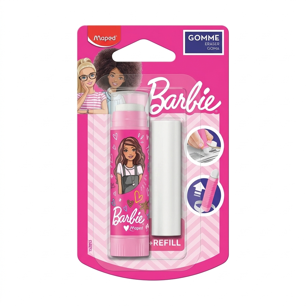 Goma de borrar Barbie x Maped en blister rosa con recambio blanco