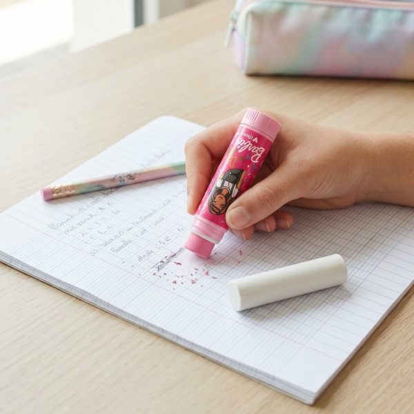 Mano usando una goma Barbie x Maped para borrar en un cuaderno