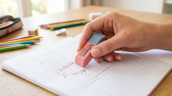 Mano utilizando una goma Maped Duo-Gom en un cuaderno