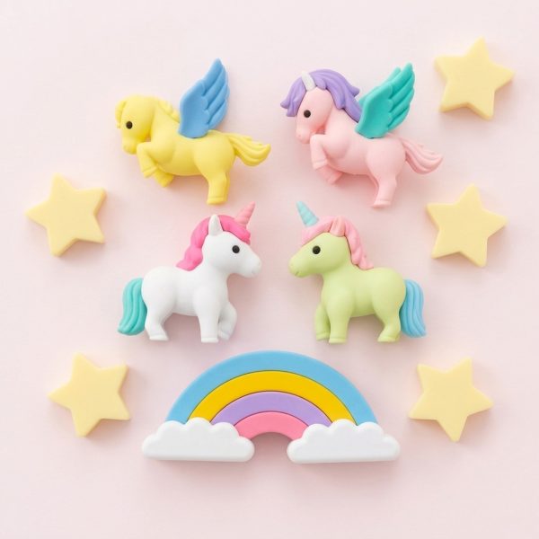 Gomas Iwako con unicornios, pegaso, estrellas y arcoíris fuera del envase