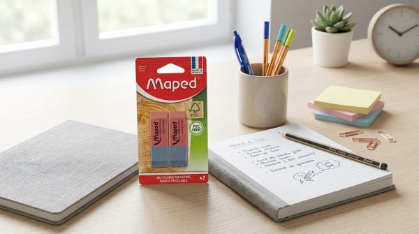 Pack de dos gomas Maped Duo-Gom sobre un escritorio