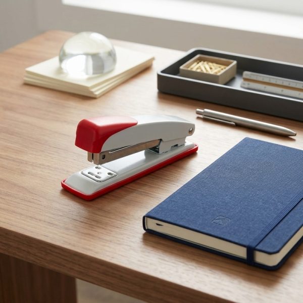 Grapadora de sobremesa roja y blanca junto a un cuaderno