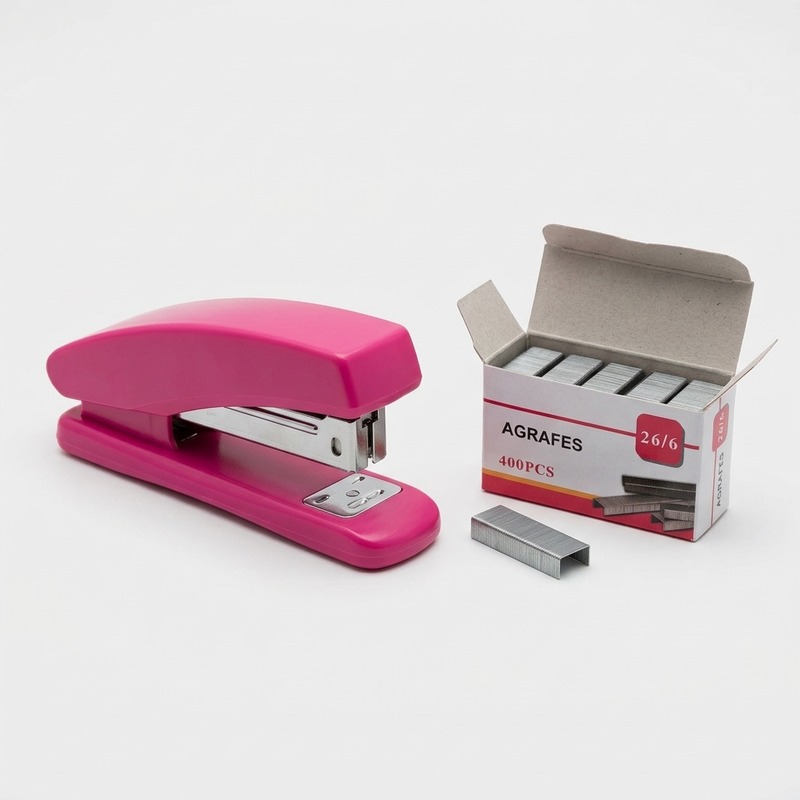 Grapadora rosa junto a una caja de 400 grapas 26/6 sobre fondo blanco