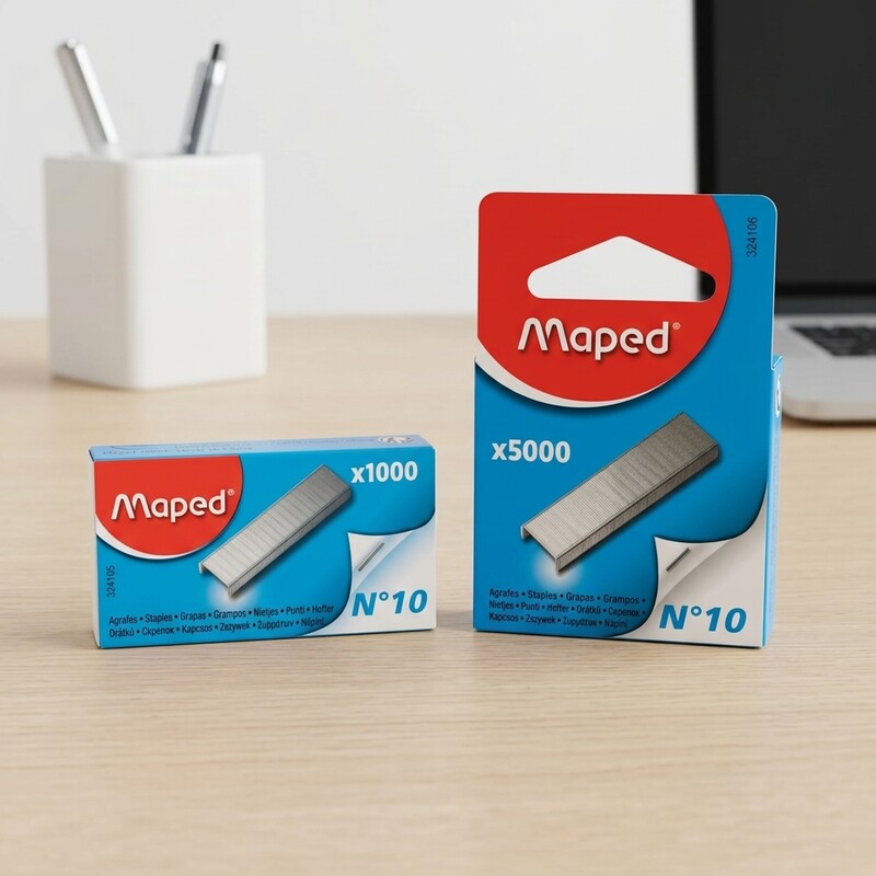Cajas de grapas Maped número 10 de 1000 y 5000 unidades sobre un escritorio