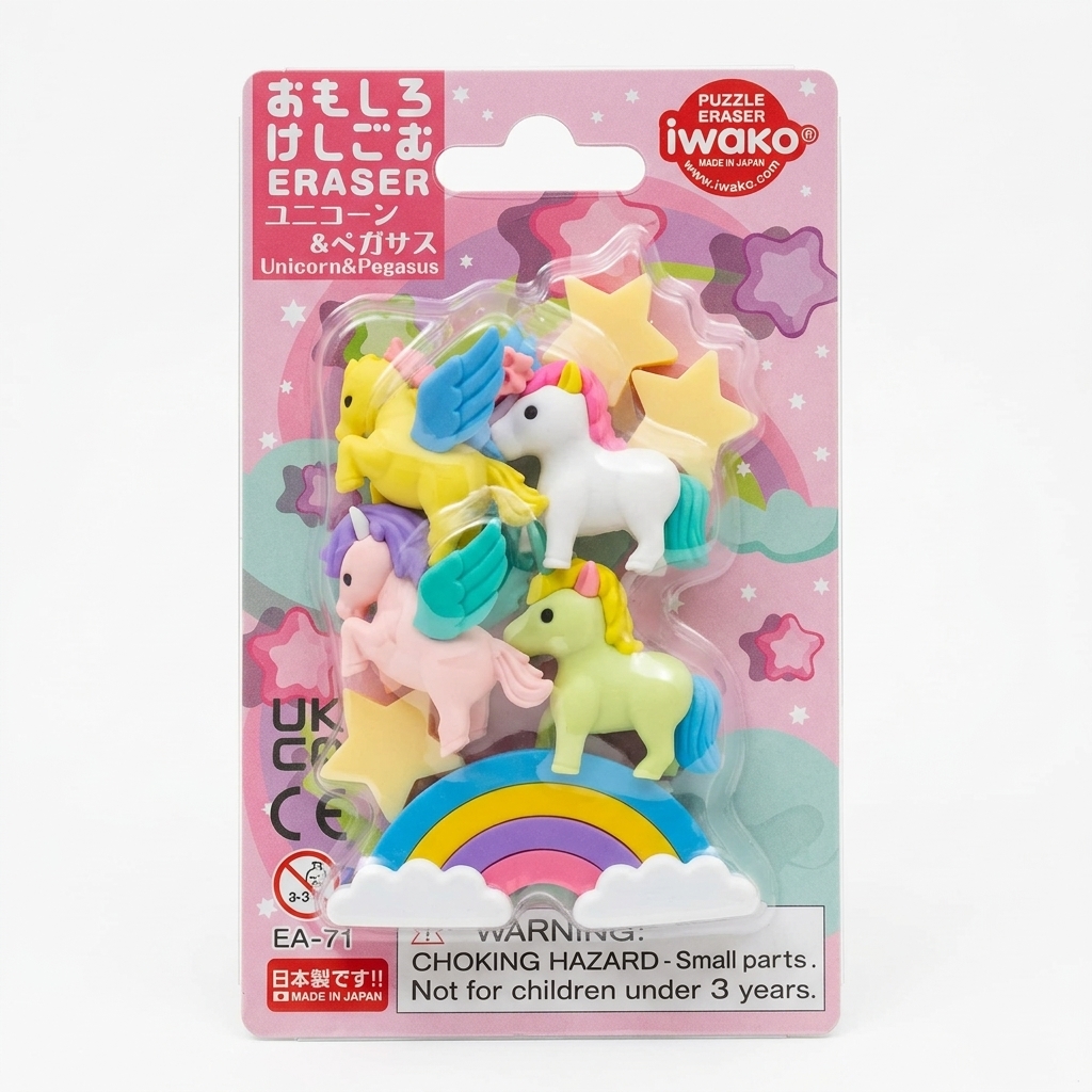 Set de gomas Iwako Puzzle Eraser Unicorn & Pegasus en packaging rosa