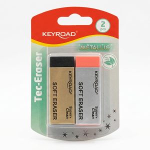 Pack de dos gomas KEYROAD Metallic en blíster. Imagen ilustrativa generada con IA.