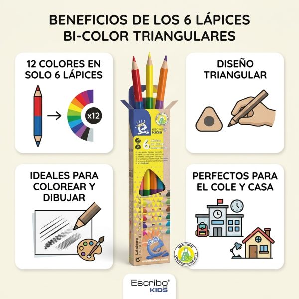 Beneficios de 6 lápices bicolor triangulares con 12 colores