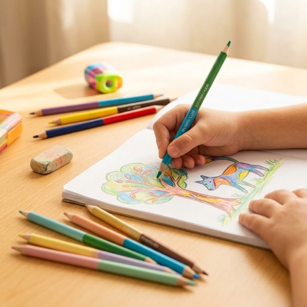 Niño coloreando con lápices bicolor triangulares