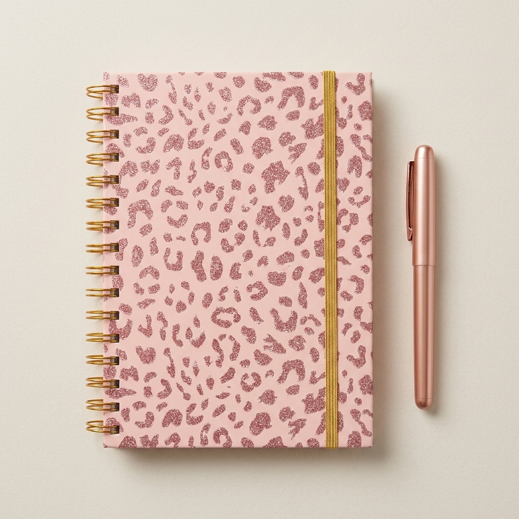 Libreta rosa leopardo y bolígrafo – principal Libreta rosa leopardo y bolígrafo – principal. Imagen ilustrativa generada con IA.