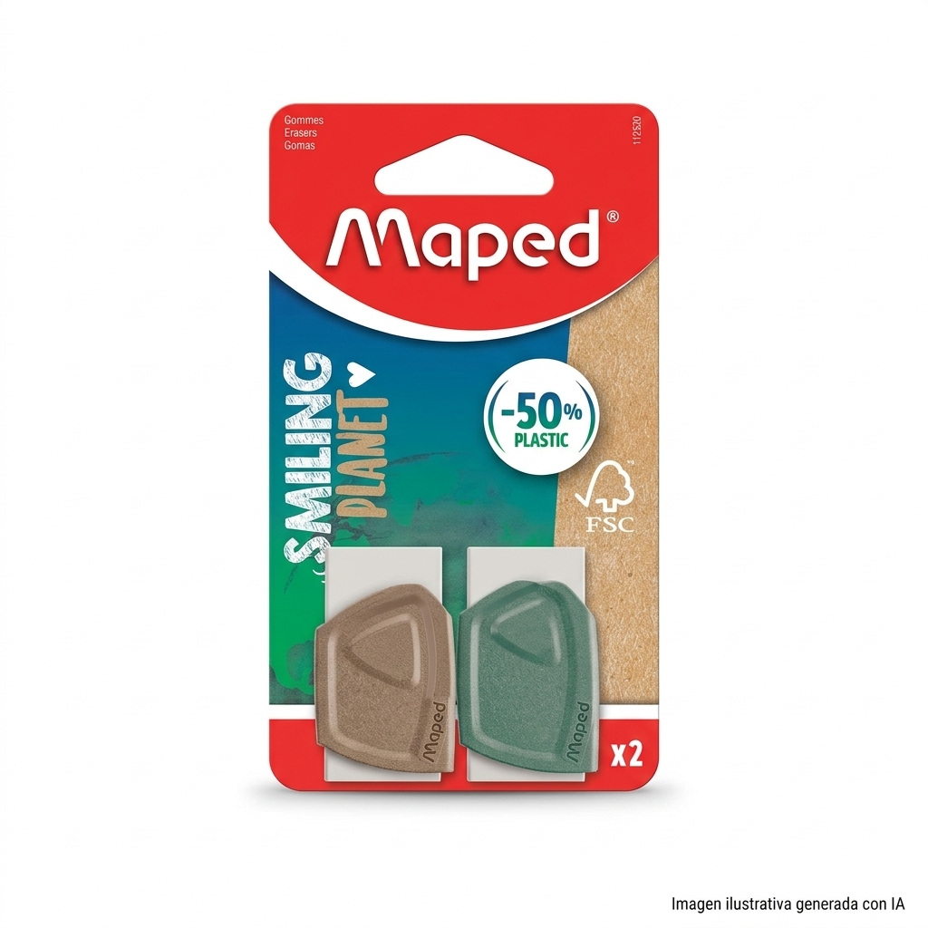 Maped Smiling Planet pack de 2 - frontal Pack de dos gomas Maped Smiling Planet en su envase. Imagen ilustrativa generada con IA.