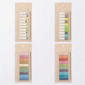 Cuatro modelos de marcapáginas adhesivos con regla: Pasteles, Colores fuertes, Cuadrados y Puntitos