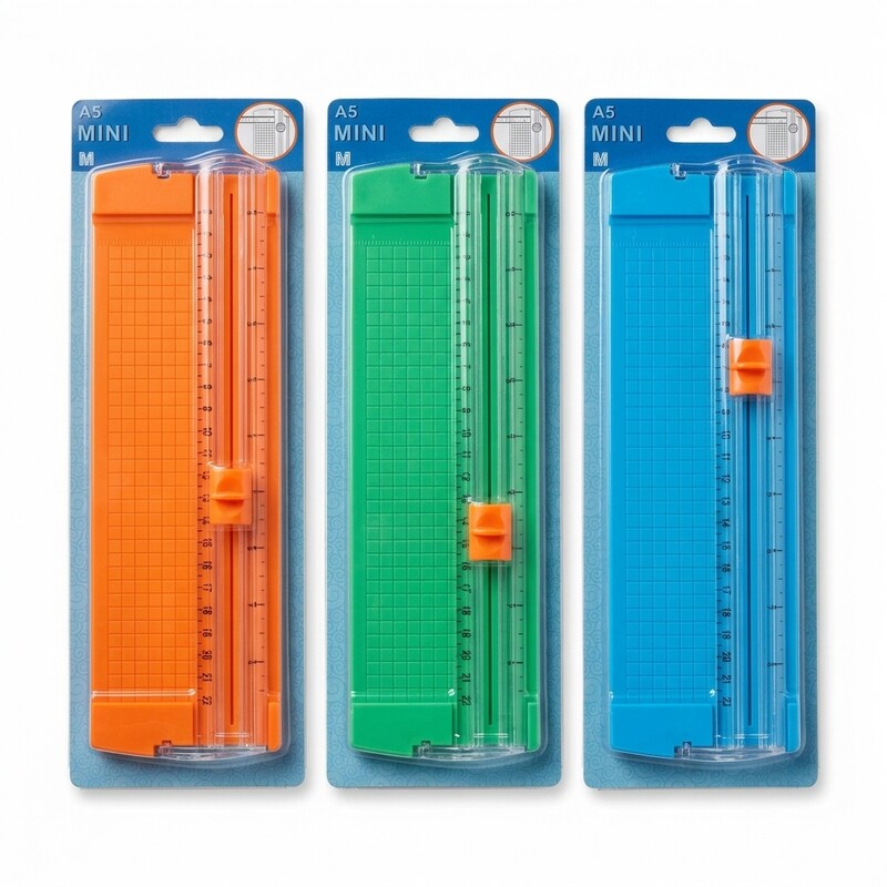 Tres mini cizallas de papel A5 en naranja, verde y azul con guía transparente
