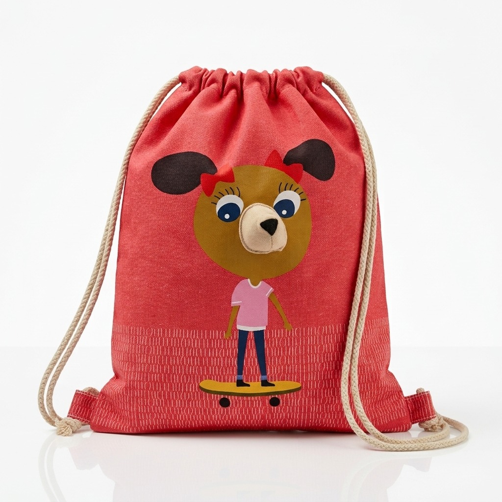 Mochila saco infantil roja con perrita skater - frontal Mochila saco infantil roja con perrita skater vista frontal