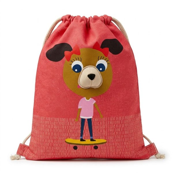Mochila saco infantil roja con perrita skater - lateral Mochila saco infantil roja con perrita skater vista lateral