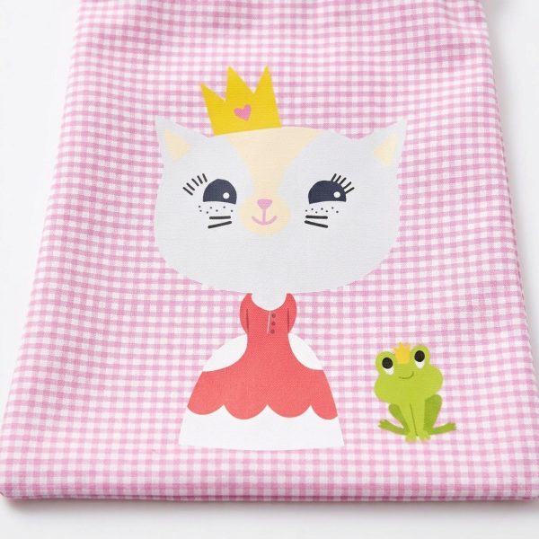 Mochila saco infantil rosa gatita princesa - detalle Detalle del diseño de la mochila saco infantil rosa con gatita princesa