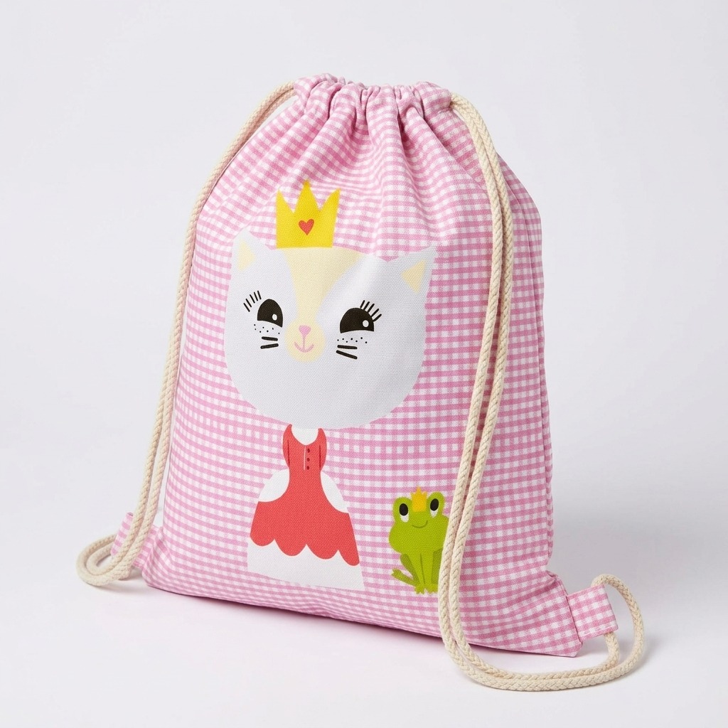 Mochila saco infantil rosa gatita princesa - frontal Mochila saco infantil rosa con gatita princesa vista frontal
