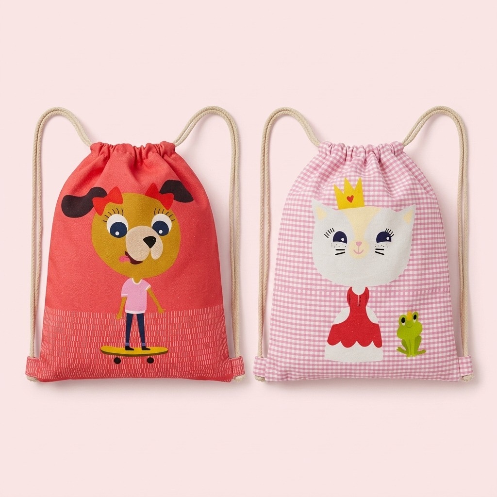 Mochilas saco infantiles roja y rosa - dos colores Mochilas saco infantiles disponibles en rojo perrita y rosa gatita