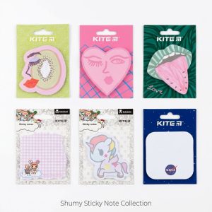 Seis modelos de notas adhesivas KITE: cara kiwi, corazón, lengua sandía, cuadros rosas, unicornio y NASA