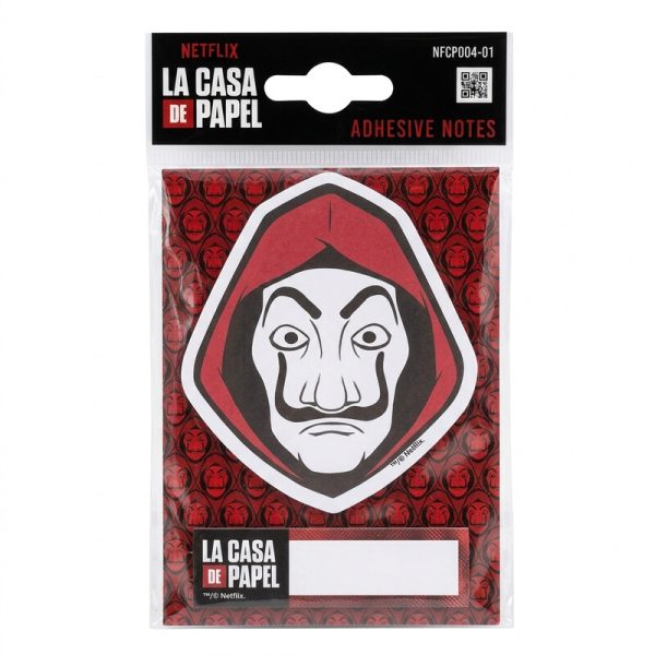 Set de notas adhesivas La Casa de Papel con bloc en forma de máscara y una tira rectangular.