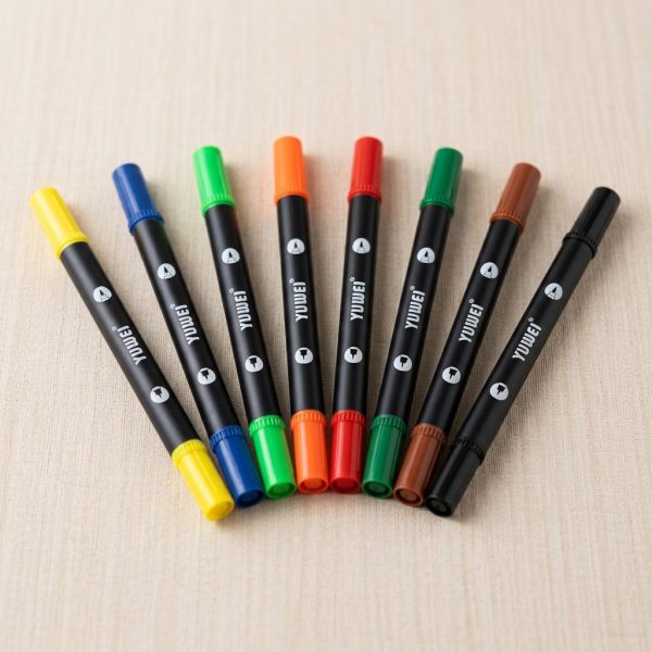 Ocho rotuladores de doble punta YUWEI Amazcolor del pack Mariposa en amarillo, azul, verde claro, naranja, rojo, verde oscuro, marrón y negro.
