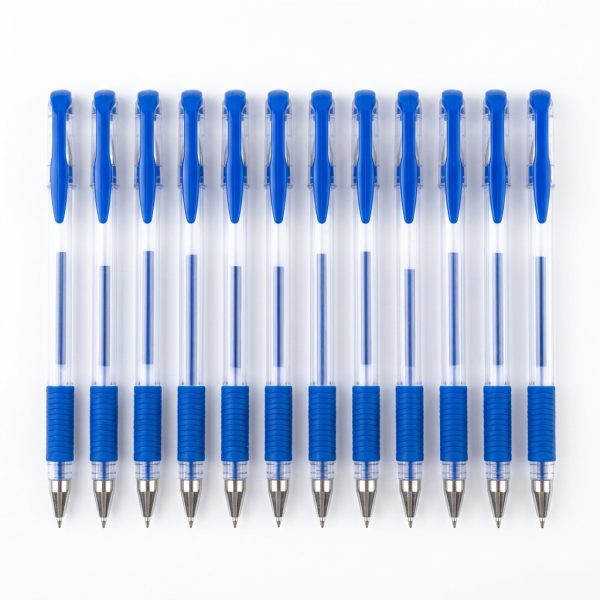 Doce bolígrafos de gel azul de 0,5 mm alineados sobre fondo blanco