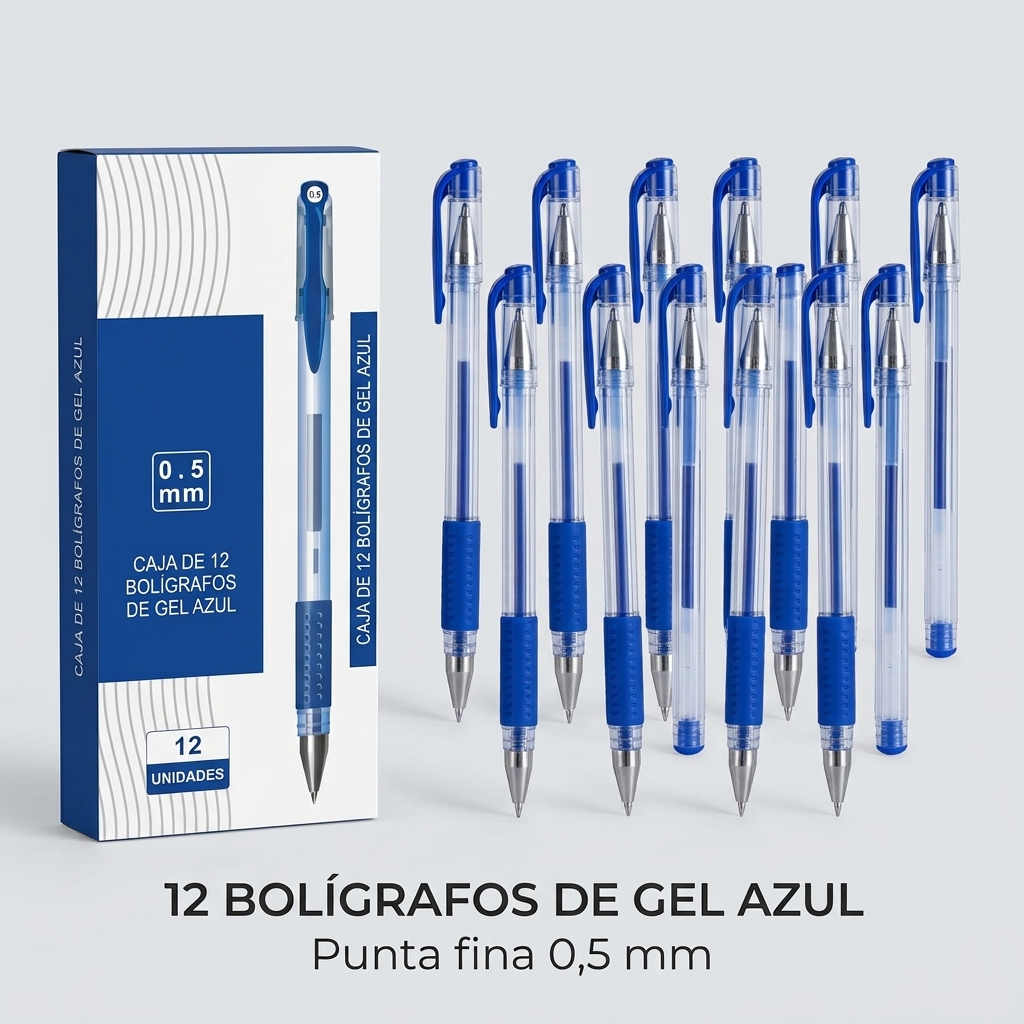 Pack de 12 bolígrafos de gel azul de 0,5 mm junto a su caja